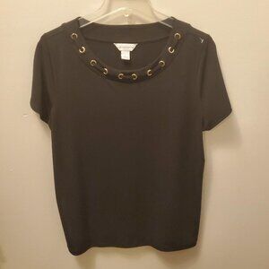 Women's Liz Claiborne Blouse Size L, Black, Short Sleeve, Round neck w/silver
